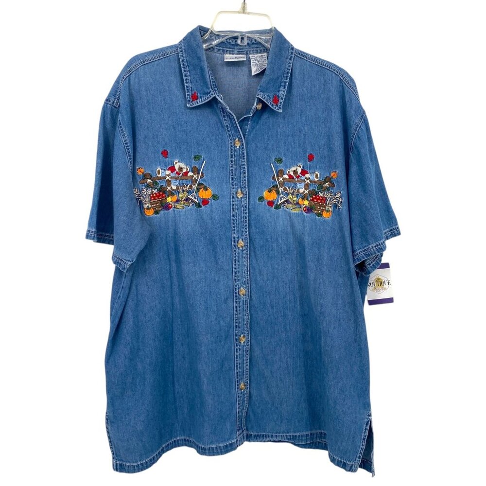 Vintage 90s Embroidered Denim Shirt Womens 18/20 Bobbie Brooks Bear Farm Garden